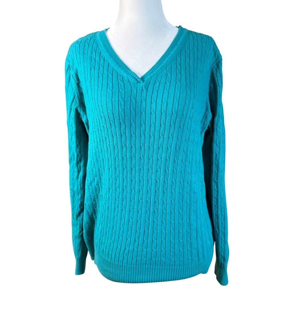 Kim Rogers Teal Cable Knit Sweater Womens L V Neck Cotton
